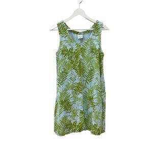 CLICK by CMC Sz M Green Blue Leaf Botanical Print Scoop Neck A-Line Short Dress